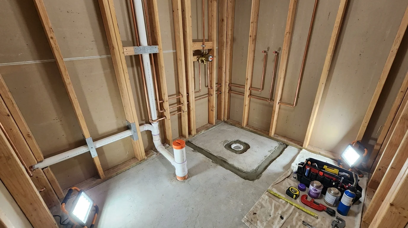 Bathroom rough-in plumbing during remodel by Johns Plumbing LLC in Bunker Hill