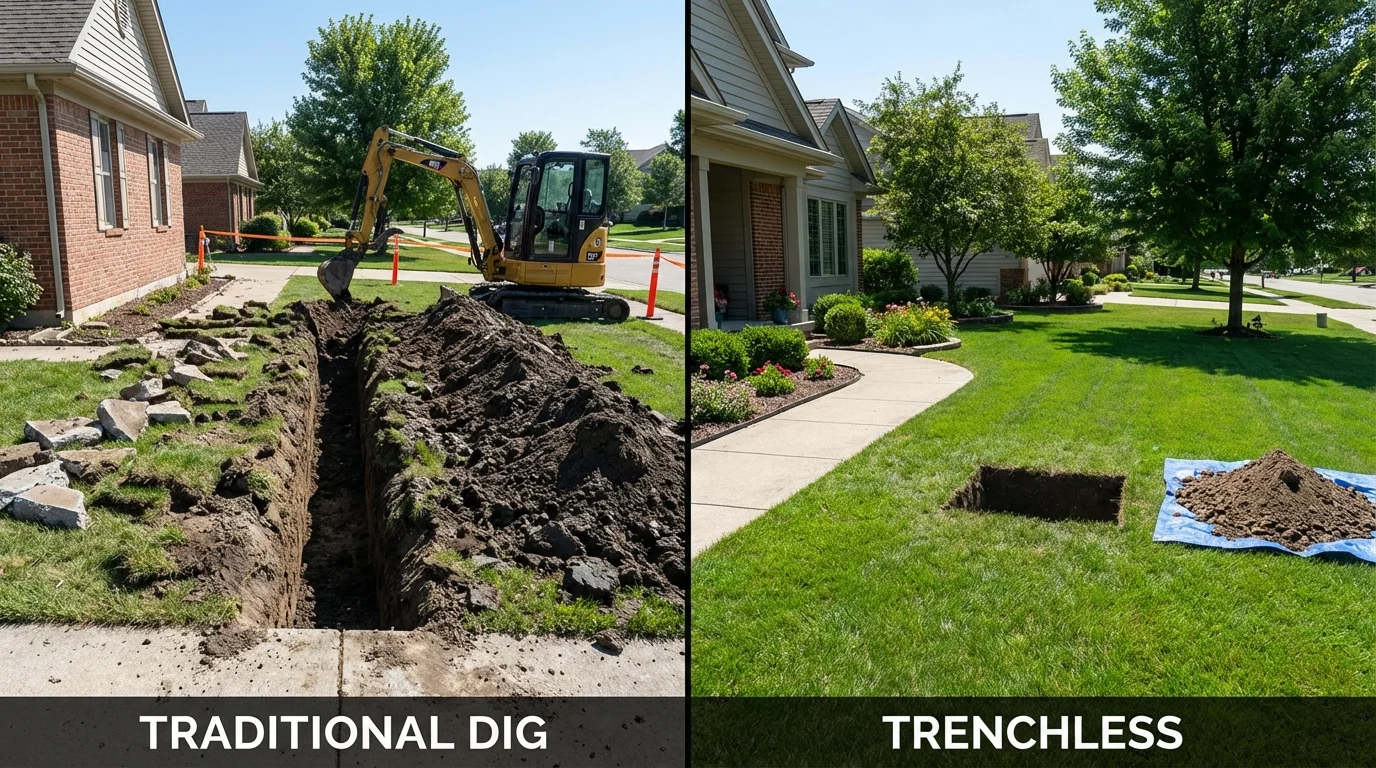 Trenchless sewer repair with minimal yard damage versus traditional excavation in Bunker Hill, IL